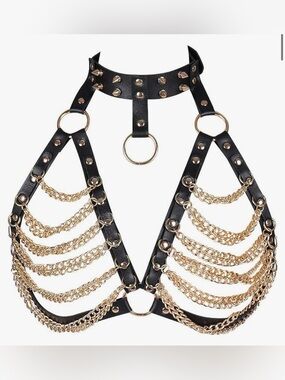 Black Leather & Gold Chain Harness Bra